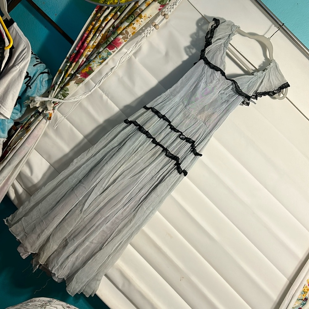 Old vintage corset dress light blue grey with black trim
